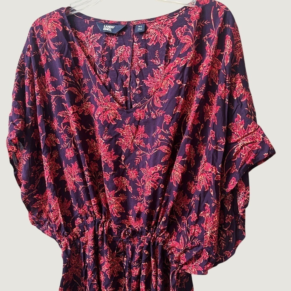 Lands End Short Sleeve Cover Up Mini Dress Floral Adjustable Tie Waist NWOT